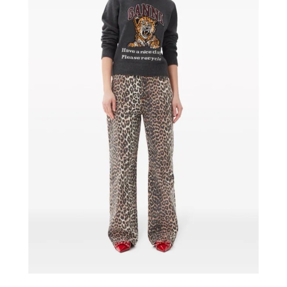 Ganni Leopard Print Wide-Leg Jeans